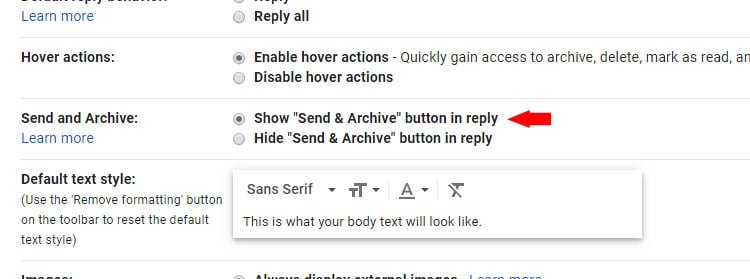 Settings Send and archive gmail