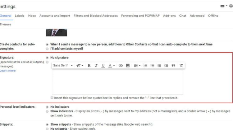 signature section Settings Gmail