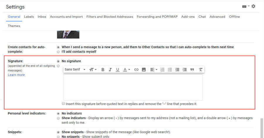 signature section Settings Gmail