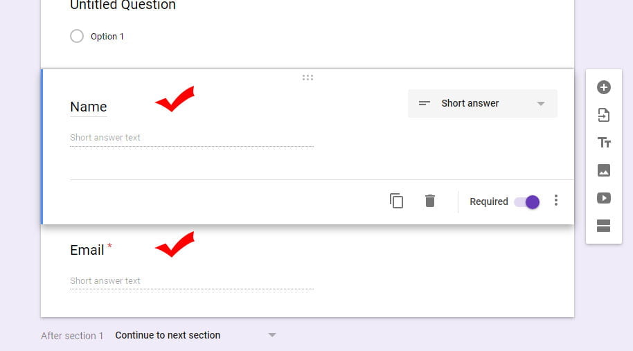 inserted questions in new google form