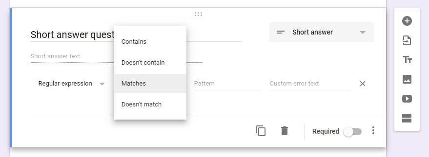 short answer regular expression validation Google Forms