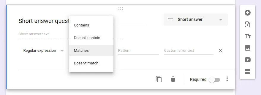 short answer regular expression validation Google Forms