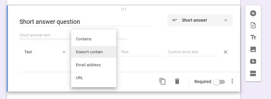 short answer text validation Google Forms