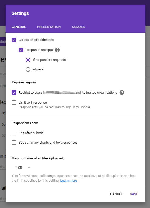 General tab settings Google Forms
