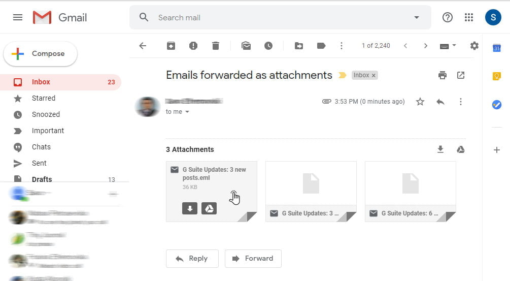 receive message with emails as attachment Gmail