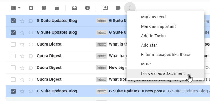 select and forward email as attachment Gmail