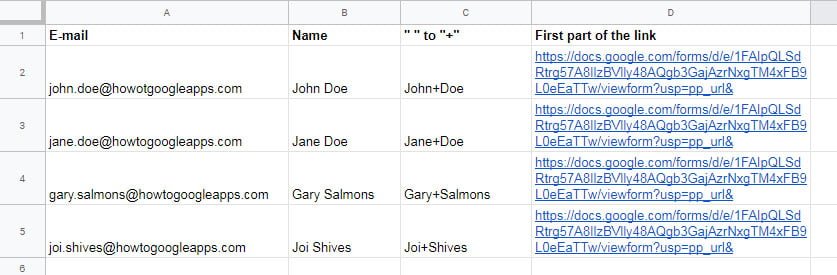 spreadsheet with first part of link Google Forms