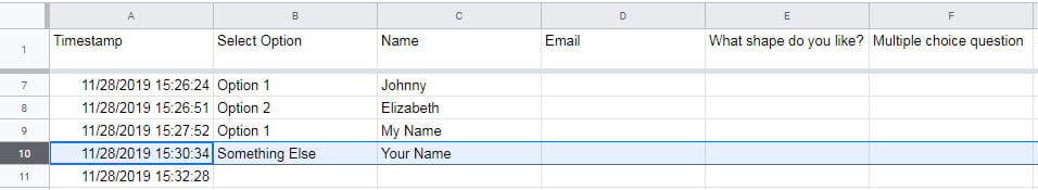 spreadsheet with responses google forms