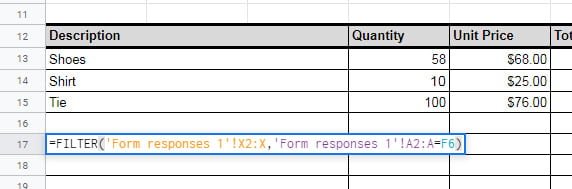 filter values invoice number Google sheet