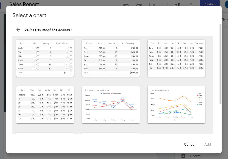 select the chart to insert in site