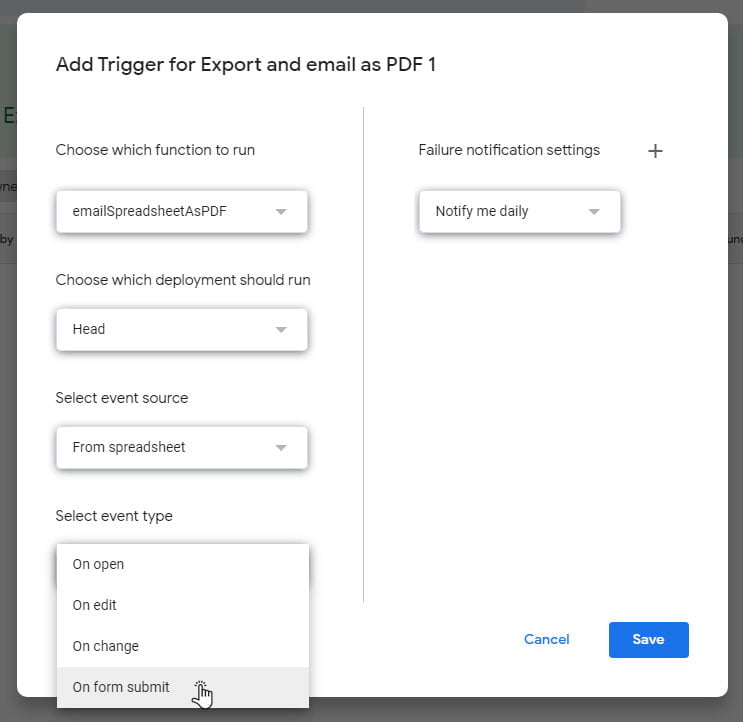 add trigger on form submit google script