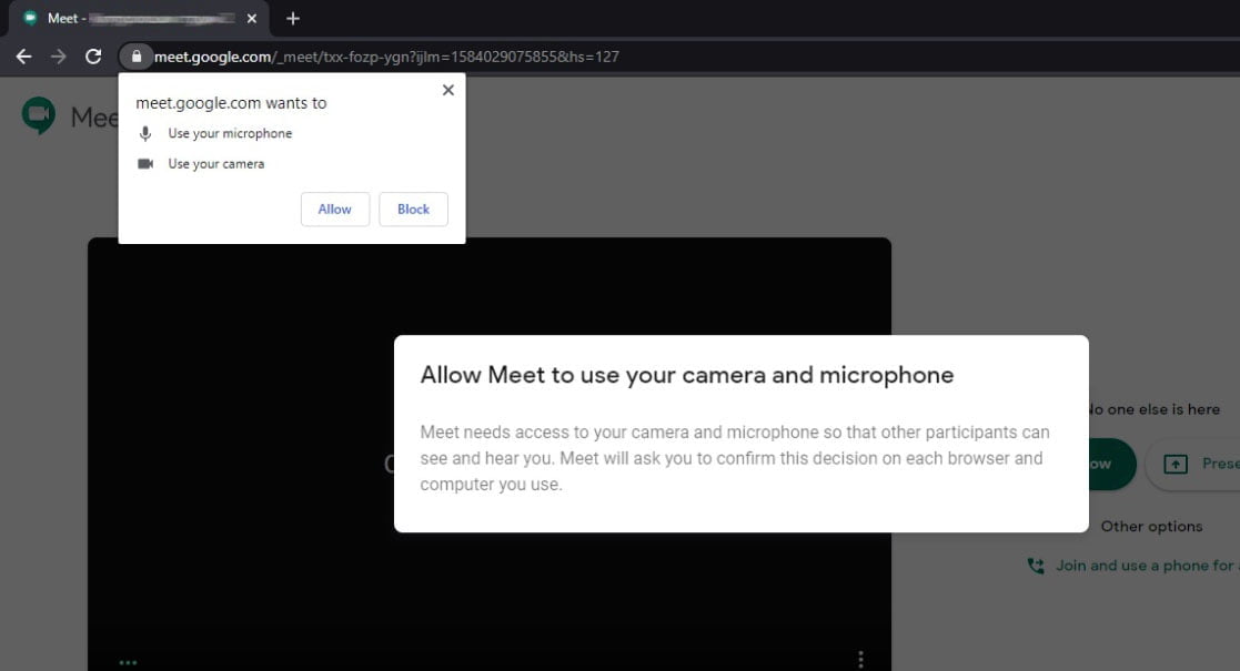 allow google meet to use microphone and camera