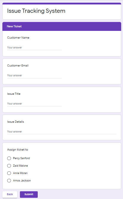 new ticket issue tracking system google form