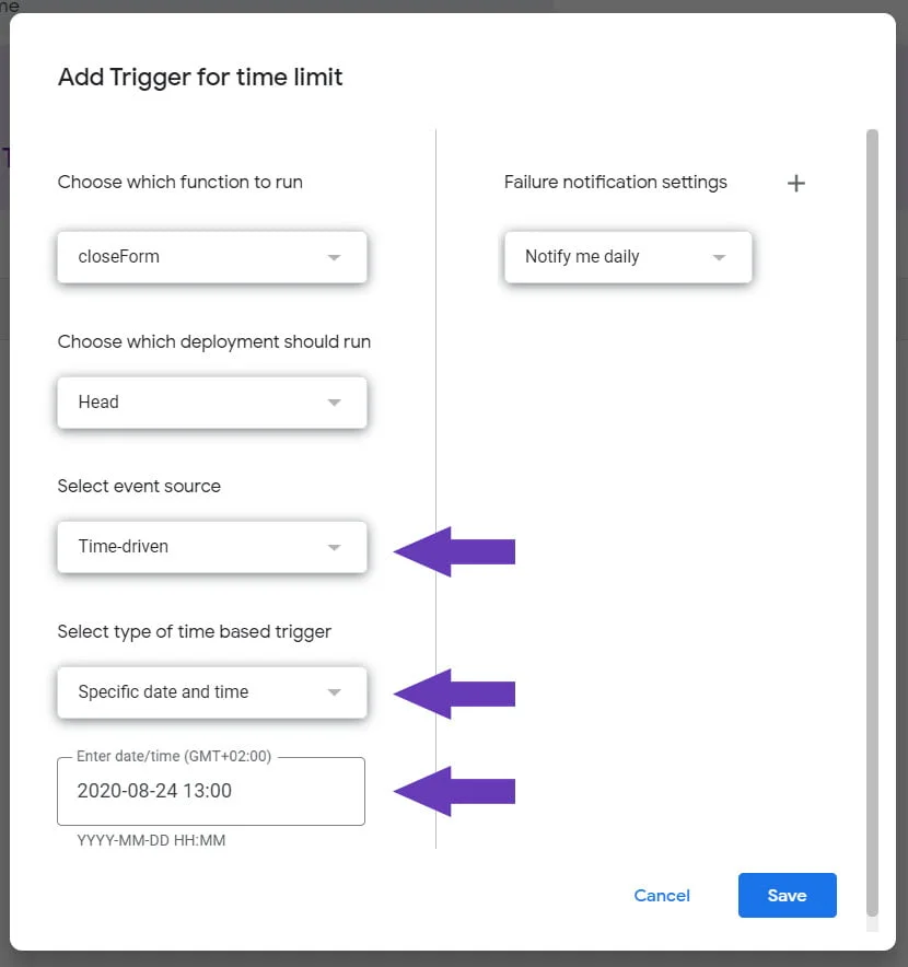 add time driven trigger for google form timer