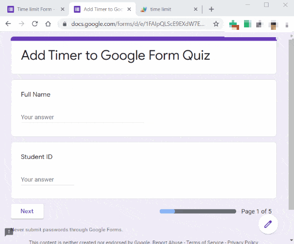 add timer to google form quiz