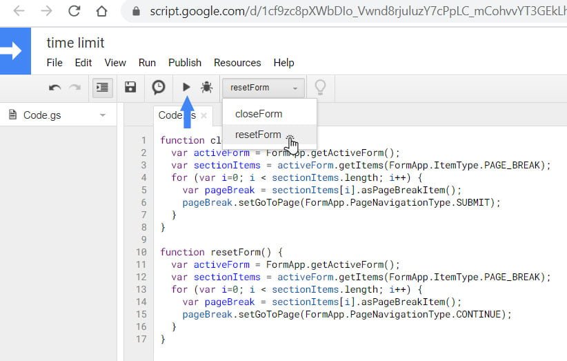reset section form on google script