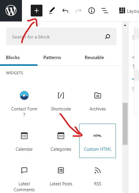 embed custom html in block editor