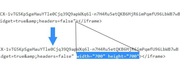 insert height and width to embed code