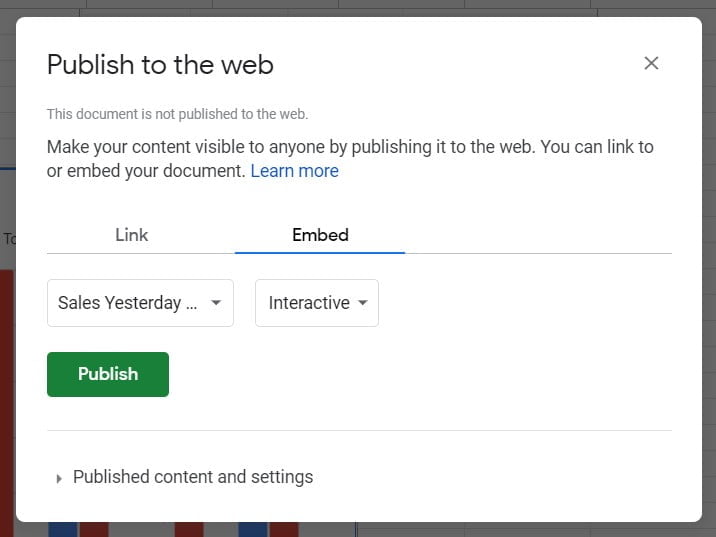 publish embed chart google sheets