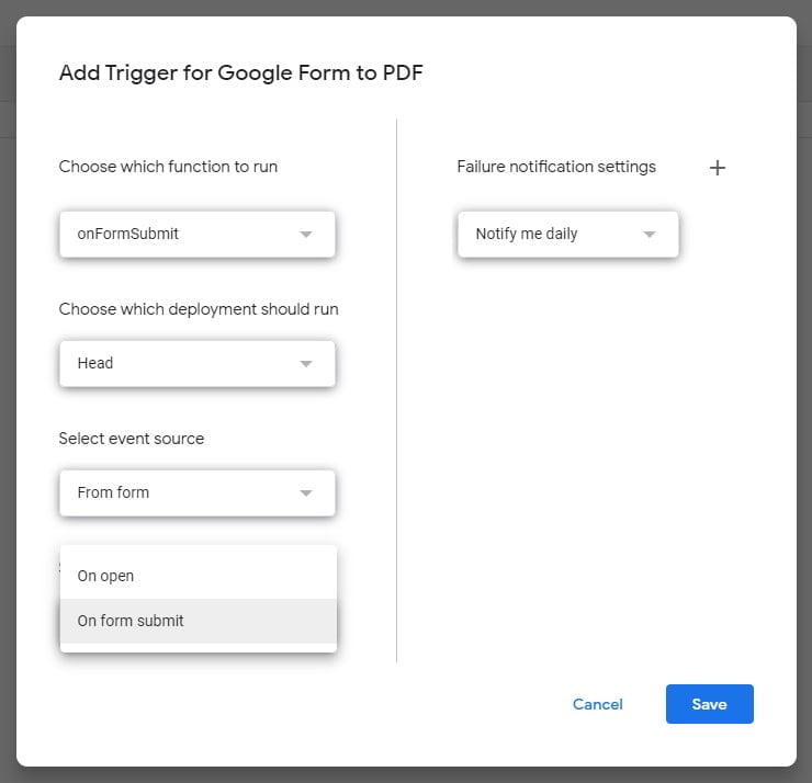 add trigger for Google Form script