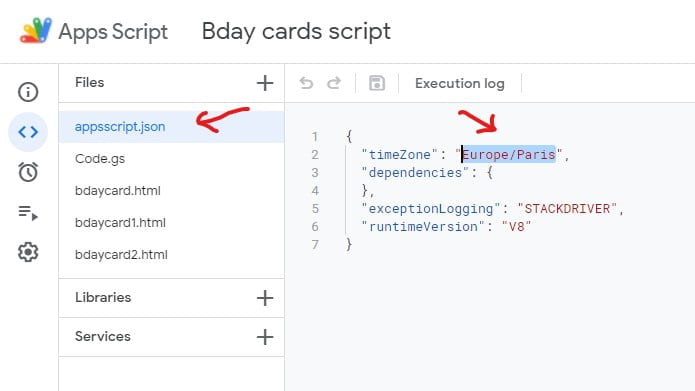 appsscript.json manifest file change time zone