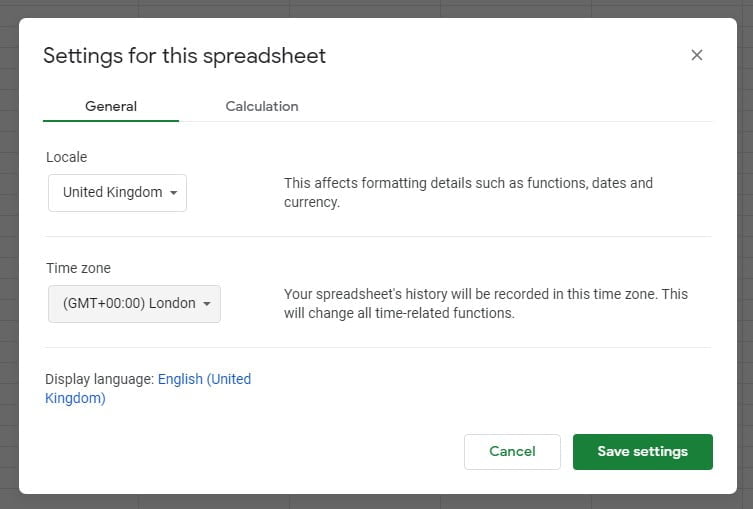 settings for the spreadsheet - timezone