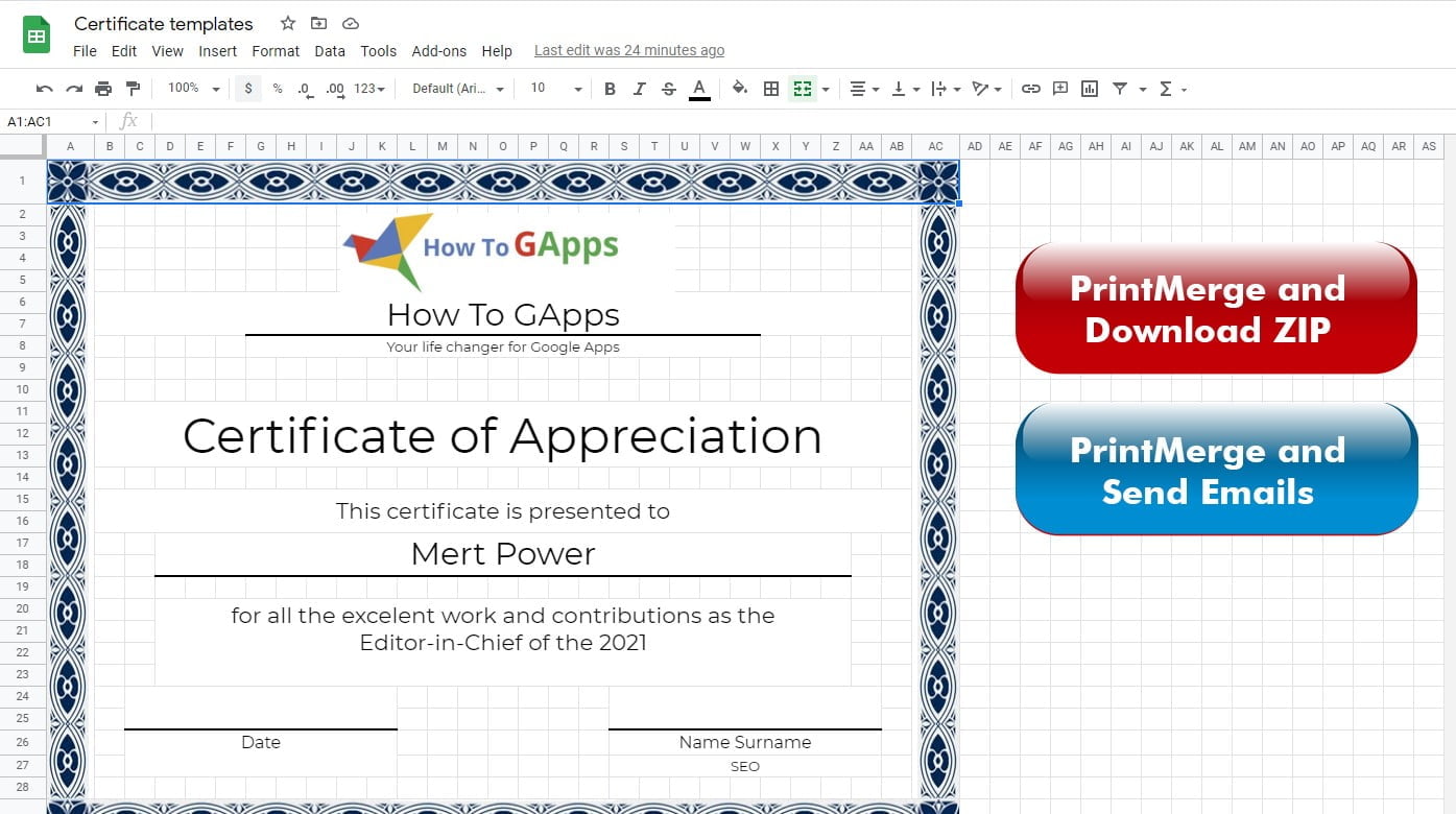 spreadsheet with certificate templates and print merge script